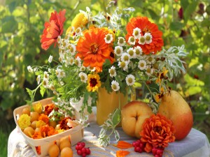 Frutas y flores sobre una mesa de jardín