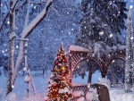 Árbol de Navidad iluminado en un jardín cubierto de nieve