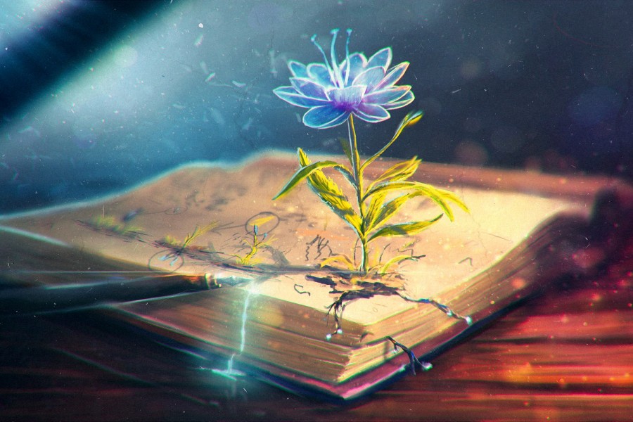 Flor mágica que florece de un libro antiguo