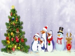 Pingüinos cantando alrededor del árbol de Navidad