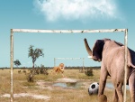 Fútbol divertido entre un elefante y un león