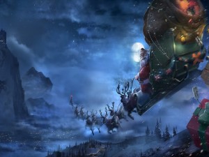Postal: Papá Noel en el trineo repartiendo regalos