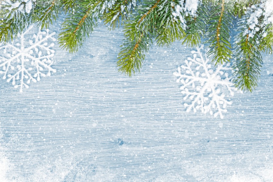 Decoración navideña en madera con copos de nieve y ramas de pino
