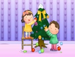 Niños armando el arbolito de Navidad