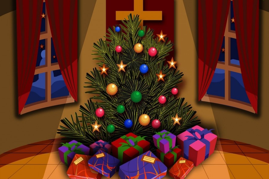 Regalos envueltos juntos a un hermoso árbol de Navidad