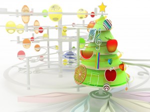 Hermoso árbol de Navidad con frutas y notas musicales