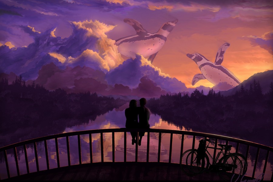 Romántica pareja sentada en el puente
