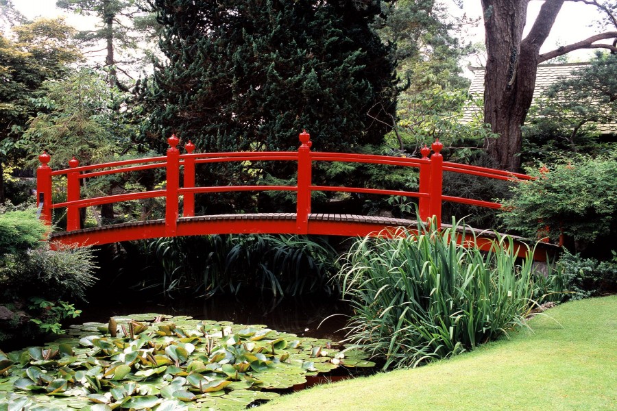 Puente rojo en un jardín oriental
