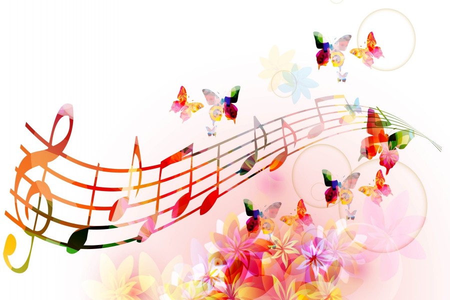 Mariposas, flores y notas musicales