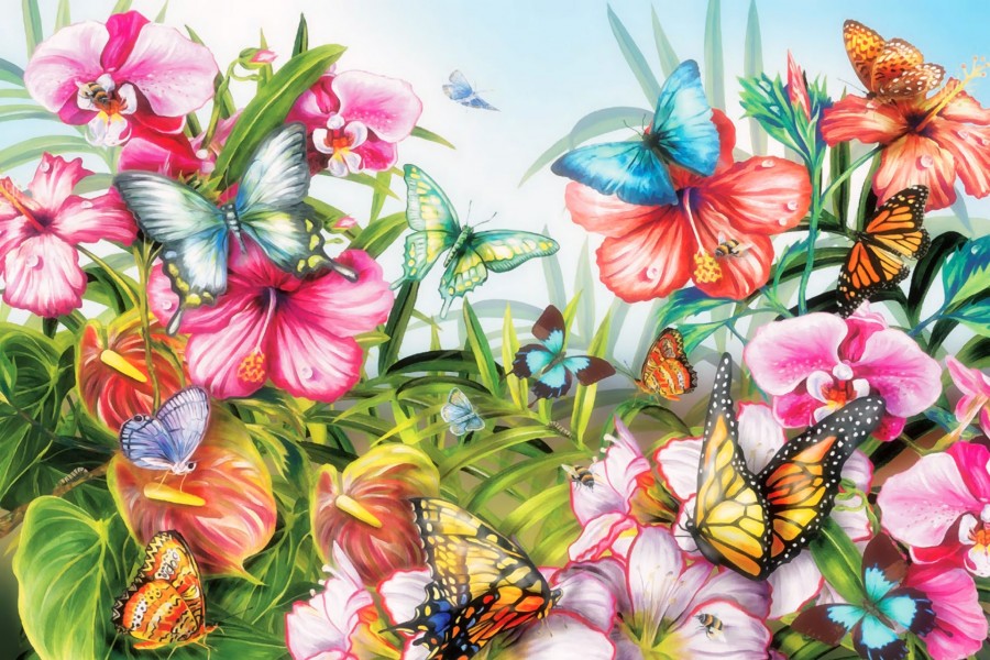 Mariposas multicolores polinizando flores en un prado