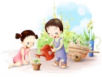 Niños felices regando una planta