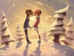 Beso romántico en un bosque nevado