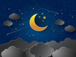 Cielo nocturno con la luna creciente, estrellas fugaces y nubes