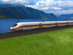Tren de alta velocidad pasando a orillas del lago