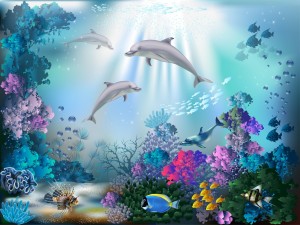 Fondo marino con peces de colores, arrecifes, corales y delfines