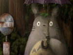 Totoro con un paraguas bajo una lluvia (Mi Vecino Totoro)