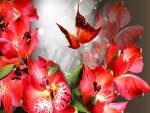 Mariposa volando sobre las flores rojas