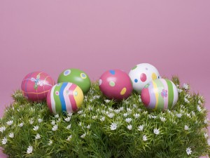 Huevos pintados para Pascua sobre flores blancas