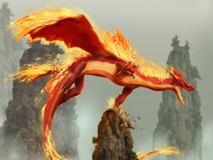 Flameante dragón en un acantilado de la roca