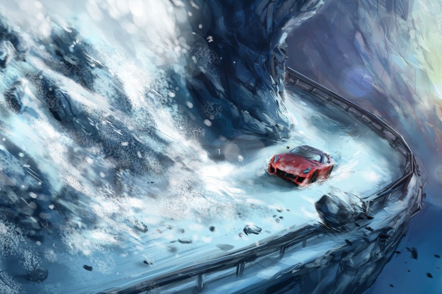Ferrari circulando por una carretera peligrosa