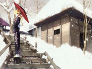 Chica anime caminando bajo la nieve