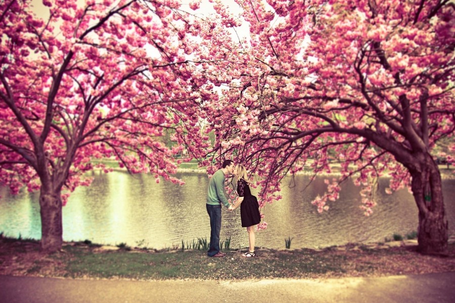 Besos en primavera junto al lago