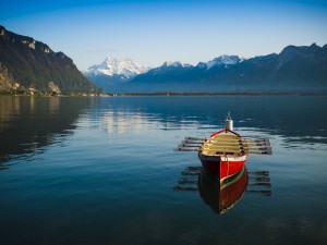 Postal: Un bote con remos en un lago tranquilo