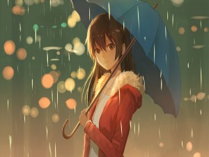 Chica anime con un paraguas bajo la lluvia