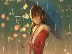 Chica anime con un paraguas bajo la lluvia
