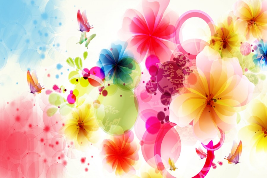 Flores y mariposas de vivos colores