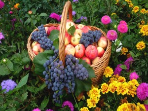 Cesta con frutas entre las flores