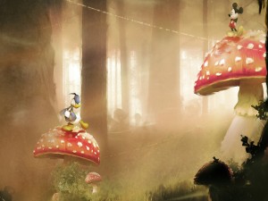 Mickey y Donald sobre unos hongos gigantes