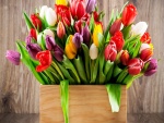 Tulipanes en un recipiente de madera