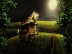 Pequeña casa de madera bajo la luz de la luna
