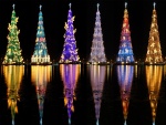 Árboles de Navidad iluminados que se reflejan en el agua