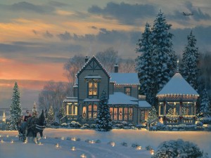Papá Noel pasando frente a una casa en Navidad
