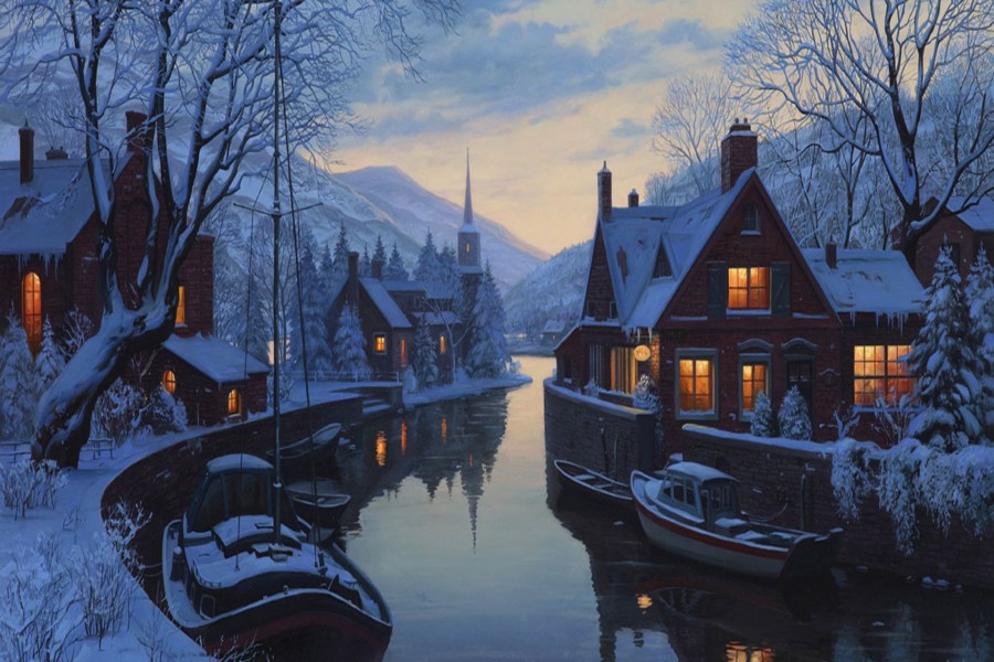 Casas cerca del río en una noche de invierno